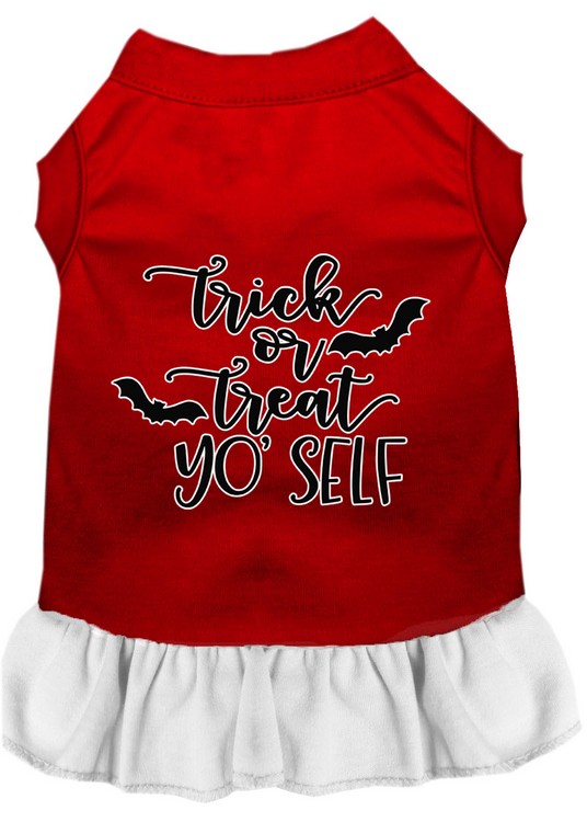 Trick or Treat Yo' Self Screen Print Dog Dress Red with White Med